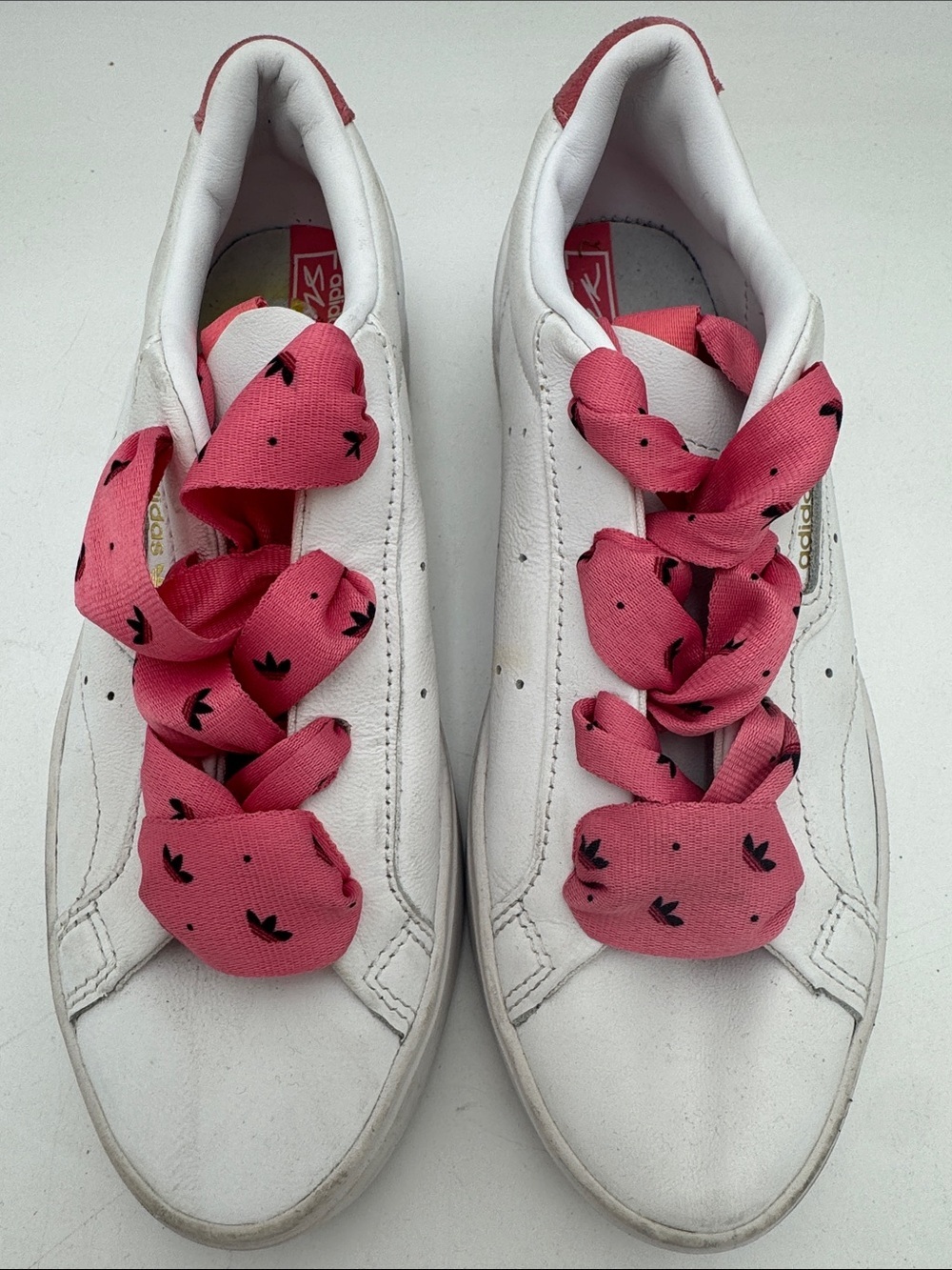 adidas White Low-Top Sneakers with Pink Ribbon Laces